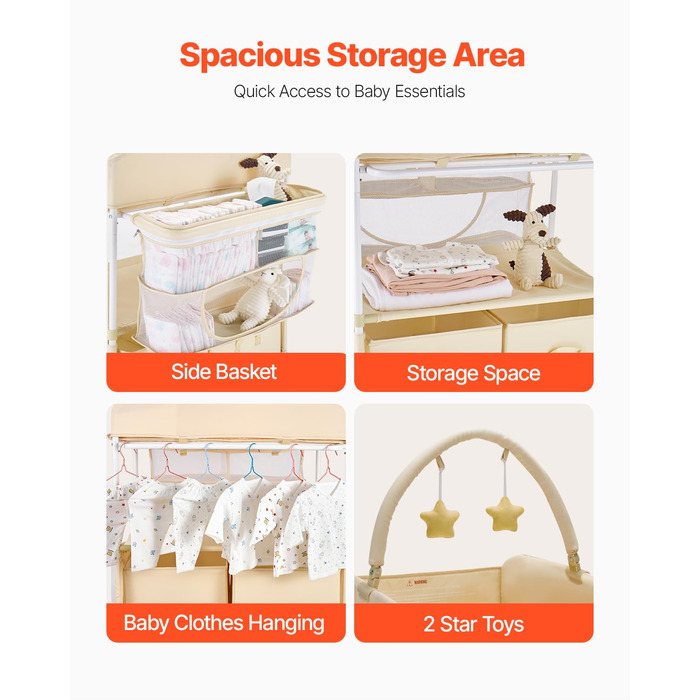 Пеленальний столик VEVOR, складна пеленальна станція з 2 висувними ящиками для тканини, бічним кошиком та вішалкою для одягу, портативний пеленальний столик з регульованою висотою, колесами, що блокуються, та 2 іграшками-зірками, світло-бежевий
