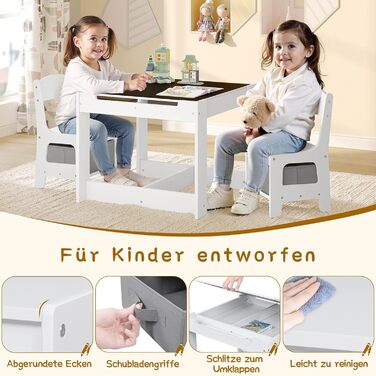 Дитячий стіл Lestaraiin з 3 предметів та 2 стільцями, дитяча група сидінь, комплект дитячих меблів з місцем для зберігання, художній стіл для дошкільнят, стільниця з дошкою для малювання та рулоном паперу, для дитячої кімнати/ігрової кімнати, білий