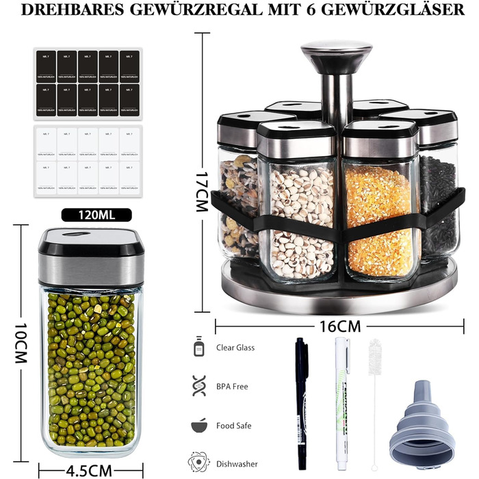 Карусель для спецій, що обертається на 360, органайзер для спецій з 6 баночками для спецій об&39ємом 120 мл, регулювання розміру на 360, ніжна підставка для спецій з нержавіючої сталі, зберігання основних спецій для початківців-кухарів, один шар - 6 баноч