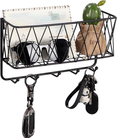 Ключниця настінна, тримач для листів з 5 гачками, міцна чорна металева сітка з матовим покриттям, 2916,59 см Настінна ключниця для