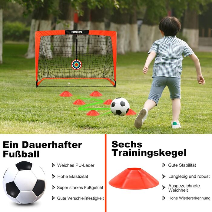 Футбольні ворота для саду, дитячі футбольні ворота, розкладні футбольні ворота, комплект з 2 шт. з футбольним м&39ячем, 6 футбольними конусами, 8 U-подібними кілками для землі та сумкою для перенесення, покращений червоний колір