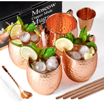 Мідні чашки Moscow Mule - набір з 4-х, 100 ручної роботи, суцільнолиті мідні чашки, подарунковий набір з 4 мідними соломинками, 1 ложкою для розмішування, 1 мідною чаркою, 1 щіткою для чищення соломинок.