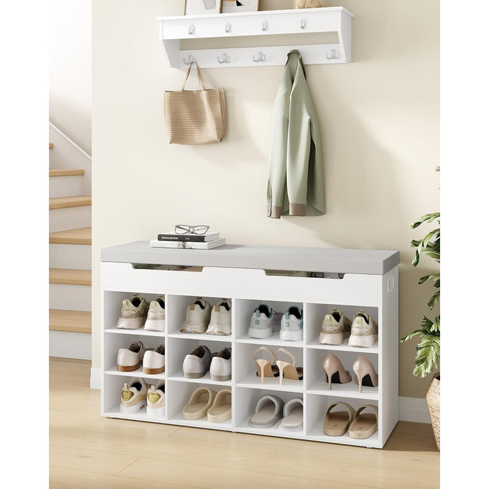 Лавка для взуття Hzuaneri, полиця для взуття із сидінням, лавка для зберігання, 12 відділень, знімні полиці, підходить для вітальні, коридору, входу, 30 x 100 x 55 см, білий SB53503GY