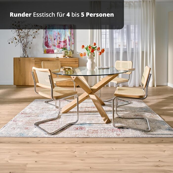 Круглий обідній стіл KHG, діаметр 130 см, скло - каркас з масиву дуба, скляна стільниця (вантажопідйомність до 90 кг) - кухонний стіл у скандинавському стилі, круглий, 130 см, скло