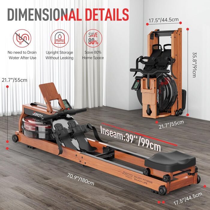 Домашній гребний тренажер JOROTO Oak, складний водний гребний тренажер з Bluetooth-дисплеєм та 30-денним безкоштовним членством у Kinomap, гребний тренажер з регульованим тримачем для планшета, вантажопідйомність 150 кг MR280PRO-OAK