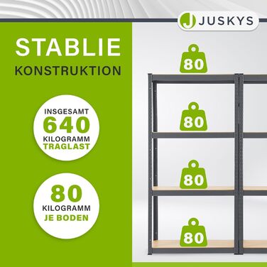 Комплект полиць для зберігання Juskys з 2 предметів Easy 2 шт. 160x80x40 см (ВxШxГ) - вантажопідйомність 640 кг - 8 полиць - металева надміцна полиця, полиця для підвалу, полиця без болтів, система полиць, металева полиця, сірий