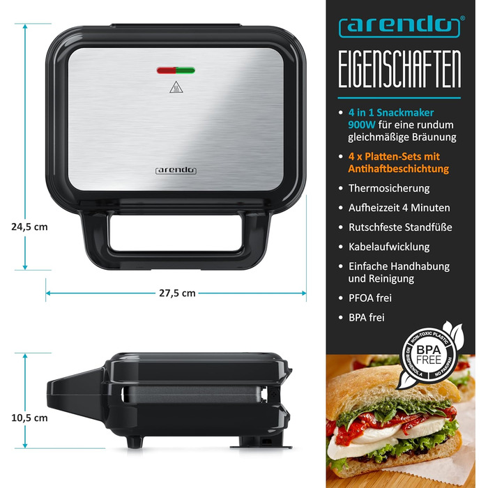 Бутербродниця 4 в 1 зі змінними пластинами - Подвійна вафельниця - Контактний гриль Panini Maker - Антипригарне покриття - Не містить BPA та PFOA - Контроль температури - Бутербродниця - Тостер для сендвічів A Тип 1