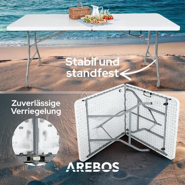 Складаний фуршетний стіл Arebos 182 x 74 x 74 см, водонепроникний садовий стіл, вечірній стіл, розкладний стіл для саду, патіо та балкону 8 осіб Кемпінговий стіл з ручкою для перенесення Білий