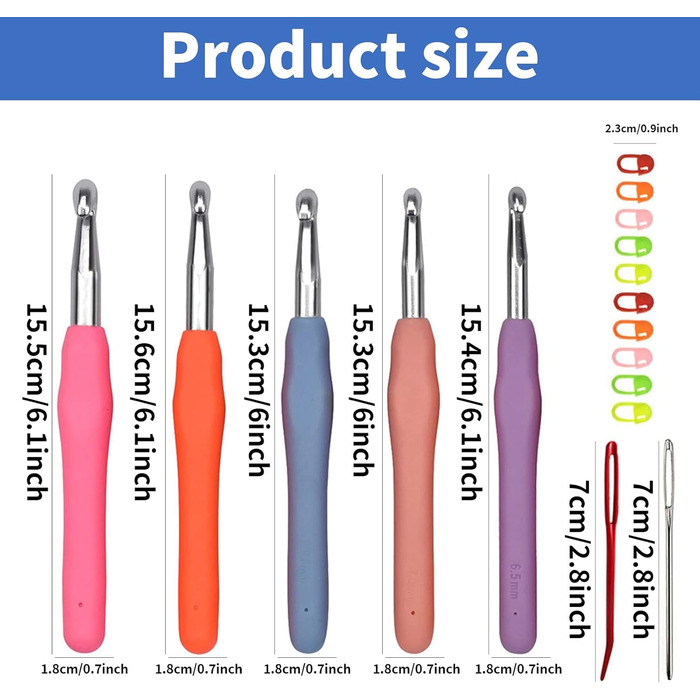 Набір гачків для вязання, розмір 6,5 мм 7,0 мм 8,0 мм 9,0 мм 10,0 мм Великі гачки для вязання з мякими ручками з голками та маркерами для стібків (різнокольорові A)
