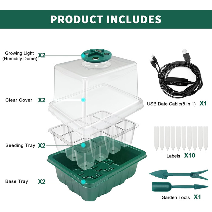 Коробка для вирощування в теплиці в приміщенні, міні-набір для вирощування в теплиці з 2 предметами з піднятою кришкою, стартер для розсади з освітленням для рослин із повним спектром, лотки, піддон для вирощування в теплиці для рослин