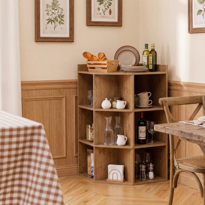 Кутова книжкова полиця COSTWAY із 3-рівневою зарядною станцією, кутова полиця з 9 відділеннями, 2 USB-портами та 4 розетками, полиця для зберігання речей для спальні, вітальні (натуральний колір)