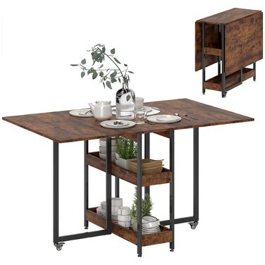 Розкладний обідній стіл, Кухонний стіл для 2-4 осіб з 2 відкритими полицями, Розкладний обідній стіл на колесах для невеликих приміщень, Їдальня, Кухня, 133,4 x 80 x 75 см, Колір рустик-коричневий