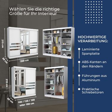 Брент - Шафа з дзеркалом Henry, ширина 250 см, шафа для спальні з 1 рейкою для одягу та полицями для одягу, шафа сірого кольору 250 см сірого кольору