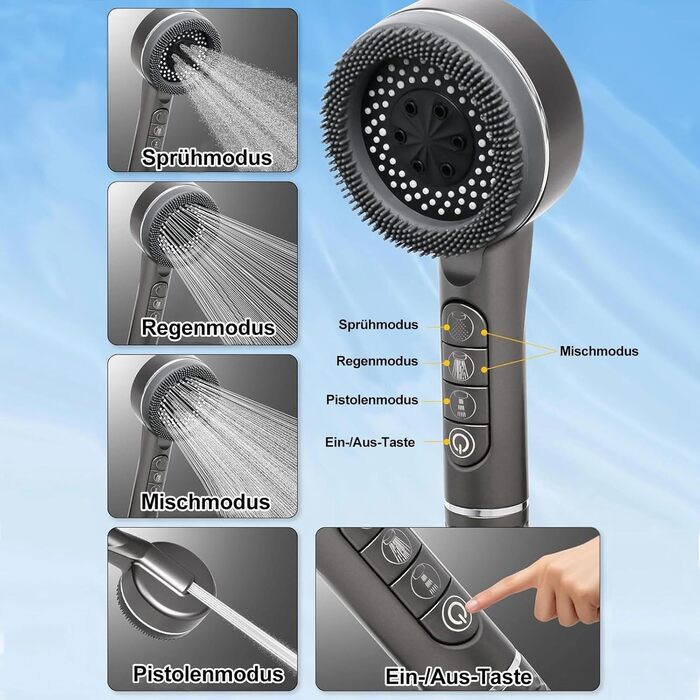 Душова лійка з шлангом та тримачем, ручна душова лійка високого тиску з фільтром від вапняного нальоту, водозберігаюча душова лійка зі стоп-функцією, душовий шланг з лійкою для підвищеного тиску води (сірий)