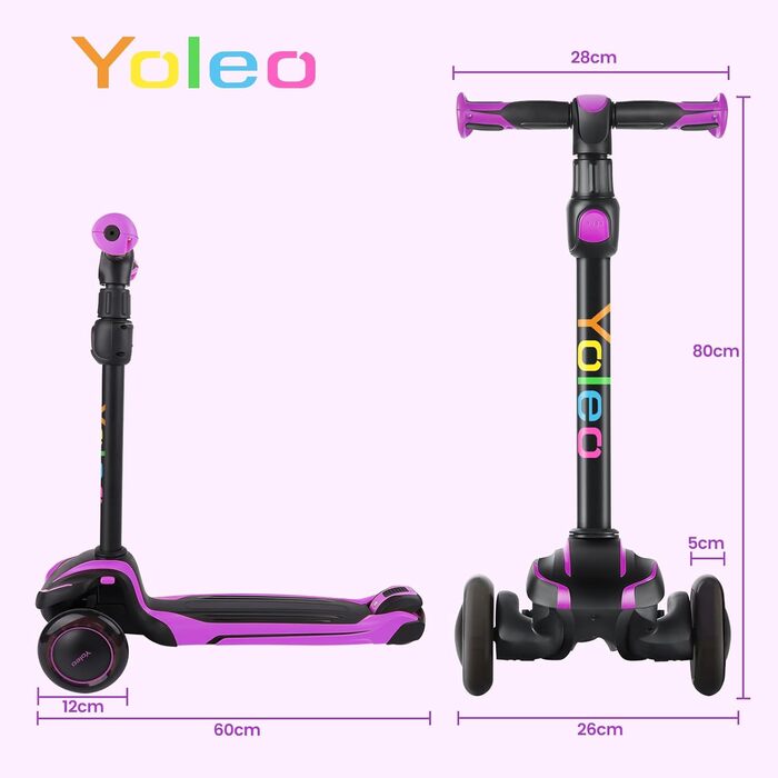 Дитячий самокат YOLEO для 3-12 років, дитячий самокат з 4 регульованими висотами, світлодіодні колеса, що світяться, дитячий самок