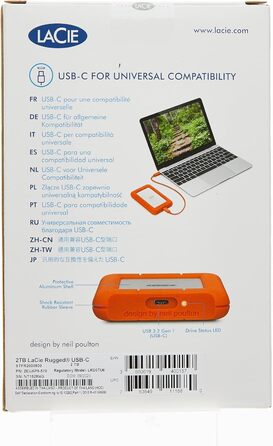 Зовнішній жорсткий диск LaCie Rugged USB-C 2TB Портативний жорсткий диск - сумісний з USB 3.0, стійкий до падінь, пилу та дощу, для Mac та ПК, настільний комп'ютер, робоча станція, ноутбук, 1 місяць Adobe CC (STFR2000800) 2TB HDD