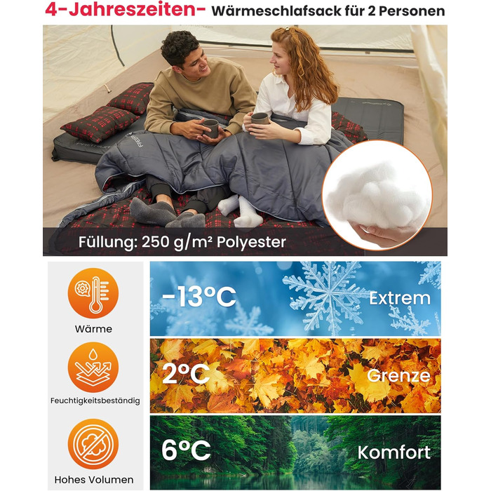 Подвійний спальний мішок KingCamp, бавовняний фланелевий зимовий спальний мішок для 2 осіб, тепла ковдра-спальний мішок, 3-4 сезони з 2 фланелевими подушками для дітей та дорослих, кемпінг, подорожі та активний відпочинок, довгий - сірий