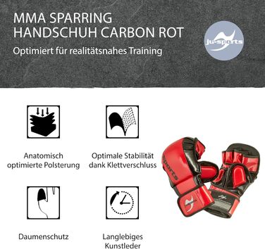 Рукавички для спарингу MMA Ju-Sports Carbon - червоні, PU Рукавички для всіх видів бою/MMA з накладкою на тильній стороні Міцний захист великого пальця та долоні для тренувань