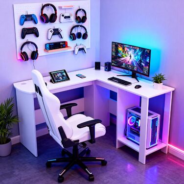 Г-подібний стіл Sweetcrispy з полицею та шафою, 130x130x74 см, кутовий стіл, міцний ігровий стіл з місцем для зберігання, легке складання, білий 130x130x74 см