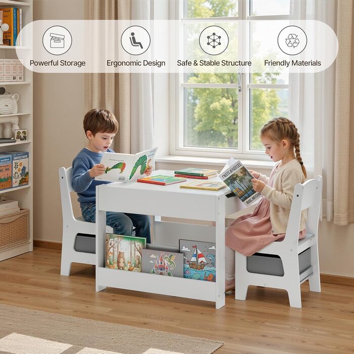 Дитячий стіл Xbro з 2 стільцями, дитячий стіл для малювання 4-в-1 з місцем для зберігання, багатофункціональний дерев&39яний дитячий комплект сидіння з книжковою полицею, для дітей віком від 3 років, 61,5 61,5 48 см, сірий