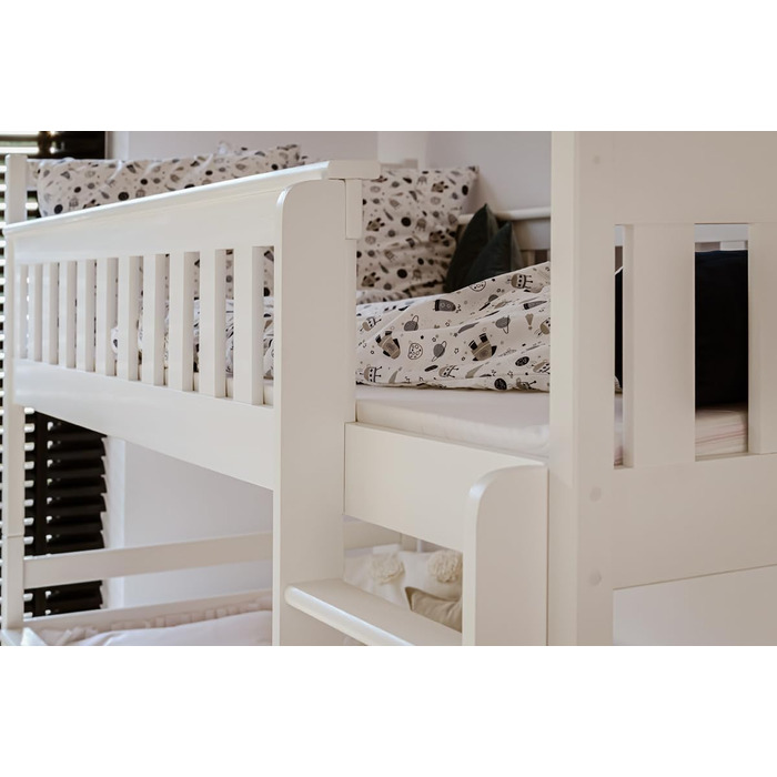 Дитяче колективне ліжко-горище 90x200 з 3 матрацами, висувне двоярусне ліжко з функцією висуву, дві шухляди, рейкова основа, захисні поручні, трансформується в ТРИ односпальні ліжка, масив дерева Білий 90x200 см 3 матраци білий - Стиль 2
