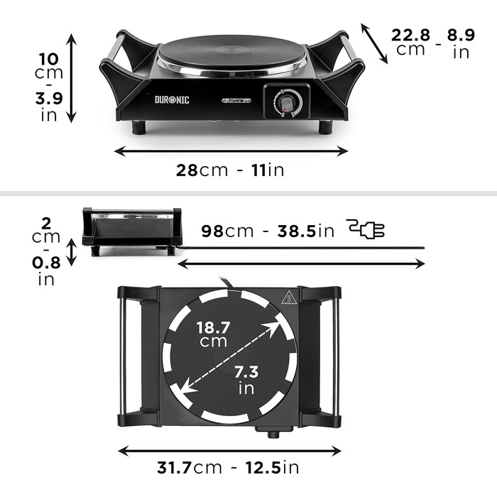 Електрична кемпінгова плита Duronic HP1 BK, 1500 Вт, портативна, виготовлена зі сталі з 1 електричною чавунною плитою, ручки для перенесення, регульована температура, зовнішня варильна поверхня