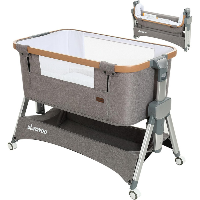 Дитяче ліжечко UBRAVOO 2-в-1 від народження до 15 кг, ліжечко Side-by-Sleep, додаткове ліжко з 5 регулюваннями висоти, регулювання нахилу матраца/складна бічна панель/4 колеса з гальмами, ліжечко з сітчастої тканини