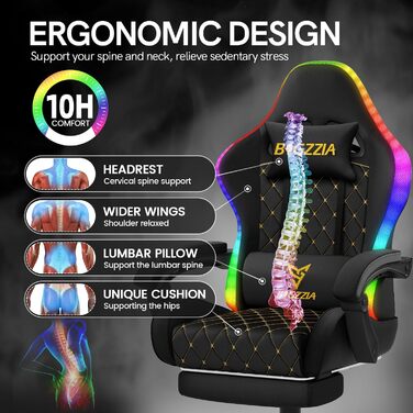 Ігрове крісло bigzzia з RGB LED - Ергономічне ігрове крісло з поперековою опорою та підставкою для ніг, регульоване та поворотне ігрове крісло зі штучної шкіри, 150 кг, чорне зі світлодіодним підсвічуванням