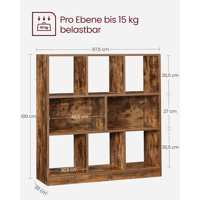 Книжкова полиця VASAGLE, полиця, кубічна полиця, окремостояча полиця, 8 відкритих відділень, можна використовувати горизонтально, вертикально або догори дном, 30 x 97,5 x 100 см, для вітальні, кабінету, офісу, вінтажний коричневий LBC52BX 8 кубічних вінта