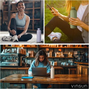 Пляшка для води Vinsun з нержавіючої сталі, бежева, 500 мл - герметична, підходить для газованих напоїв, без BPA - з подвійною стінкою, ізольована - термопляшка для спорту, активного відпочинку, школи, університету, спортзалу, кемпінгу, 500 мл бежевого ко