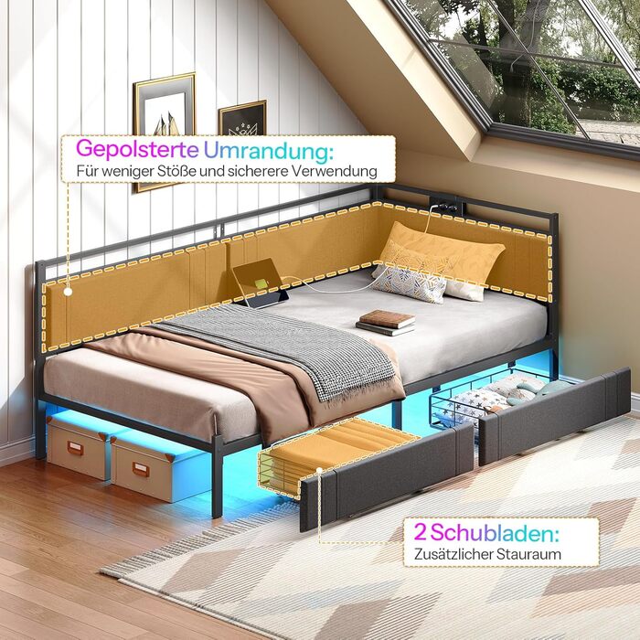 Диван-ліжко HOOBRO 90 x 200 см з 2 шухлядами, рейкова основа, каркас ліжка, м&39яке ліжко із зарядною станцією та світлодіодним освітленням, м&39яке ліжко, односпальне ліжко, для спальні, сірий та чорний EBG81CDBF01