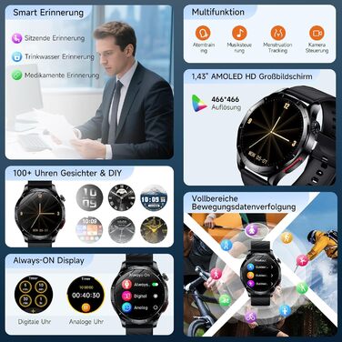 Новий смарт-годинник для чоловіків з ЕКГHRV/ІМТ/сечовою кислотою/Bitterbox, 1.43-дюймовий AMOLED годинник для здоров&39я з 24-годинним моніторингом артеріального тиску, серцевого ритму, температури тіла, SpO2, монітором сну, фітнес-годинник для Android iO
