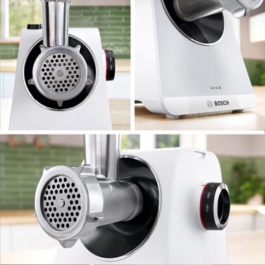 М'ясорубка Bosch MultiPower Serie 6 MFWS607W, 2 перфораційні решітки (4,5 та 8 мм), нержавіюча сталь, підходить для посудомийки, насадки для кеббе та ковбас, потужність 2100 Вт, біла
