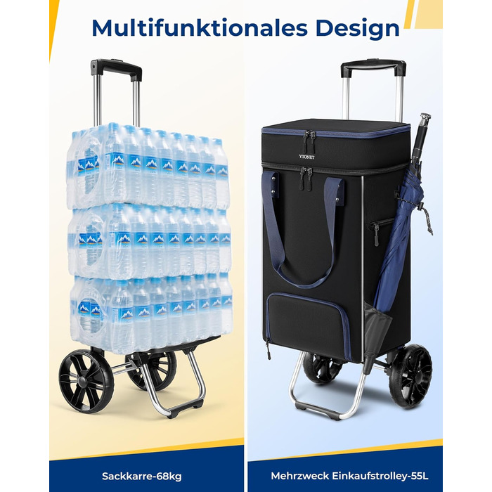 Складний візок для покупок Ytonet з термосумкою, великий водонепроникний візок на міцній основі (55 літрів / 68 кг), 3-в-1 візок-трансформер, сумка-візок та ручна сумка з великими колесами, чорний