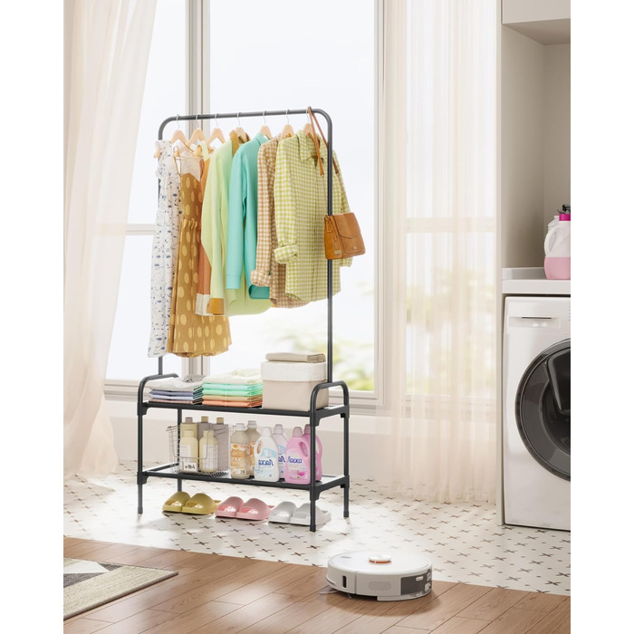 Вішалка для одягу - штанга для одягу з нековзними ніжками, шафа-стійка з 2-рівневим органайзером для взуття, вішалка для одягу для спальні, передпокою, 74 x 30 x 150 см, чорна 74 x 30 x 150 см чорна