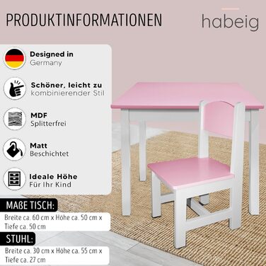 Дитячий стіл та 2 стільці habeig, дитяча група сидінь, комплект дитячих меблів, табурет, письмовий стіл, комплект столу та стільців, дитяча кімната, 60x50x50 см (рожевий/білий)
