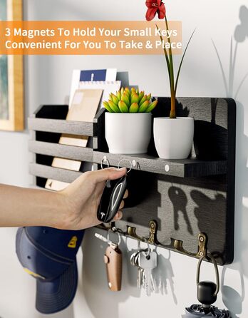 Ключниця - Ключниця на магніті, ключниця з 4 подвійними гачками для ключів, декоративна ключниця з дерев'яною поличкою для входу,