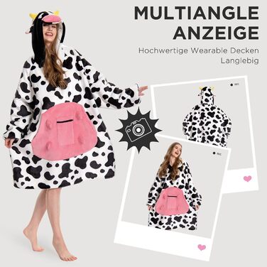 Ковдра великого розміру з капюшоном для дорослих, портативна ковдра з шерпа-флісу з рукавами та кишенями, м&39яка тепла затишна толстовка з капюшоном для жінок та чоловіків, принт корови