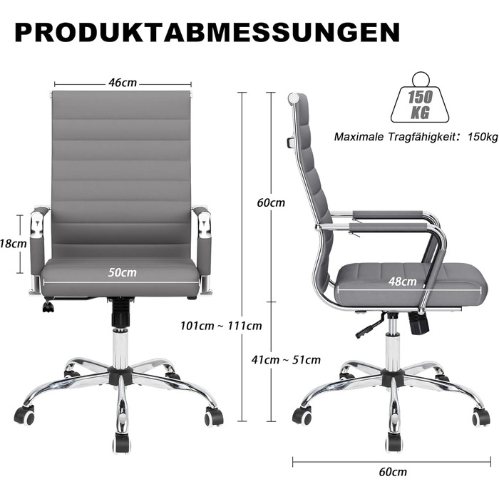 Ергономічне офісне крісло UEV зі штучної шкіри, S-подібна поперекова опора, міцне робоче крісло з підлокітниками, сучасне поворотне крісло, функція гойдання, регулювання висоти до 150 кг, сірий колір