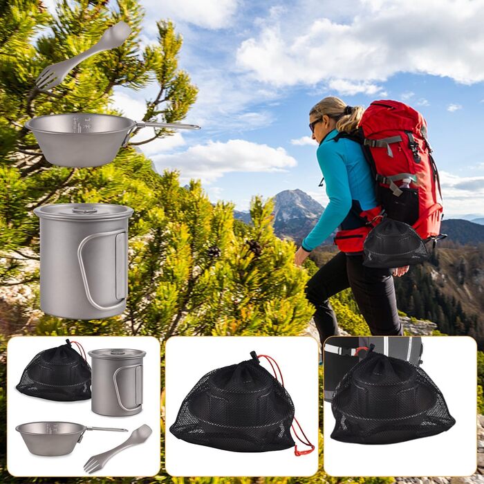 Портативний кемпінговий посуд Doorslay, титанова чашка, чаша Spork, набір із 3 предметів, набір для кави на відкритому повітрі, набір для пікніка, складний для кемпінгу, походів