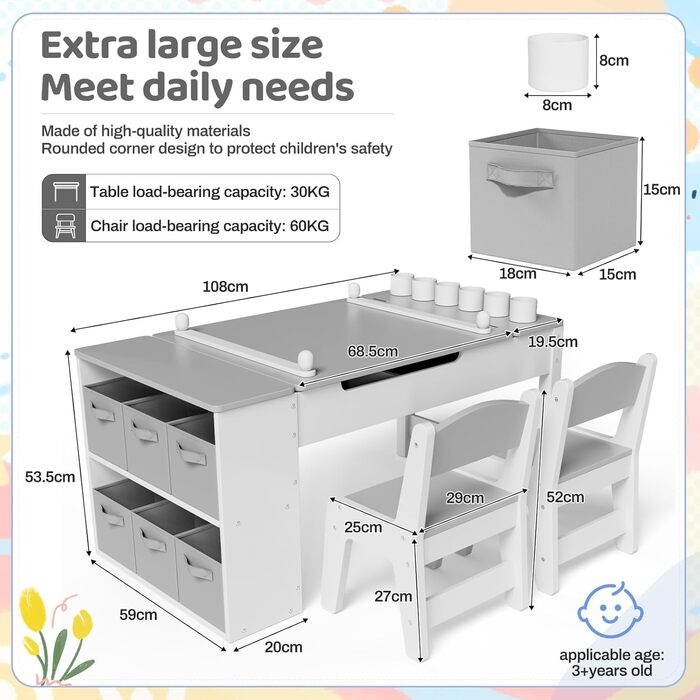 Дитячий стіл MAMIZO з 2 стільцями, дерев&39яний дитячий стіл та комплект стільців, дитячий комплект сидіння з місцем для зберігання та рулоном паперу, стіл для малювання та рукоділля, художній стіл для дітей від 3 років, сірий