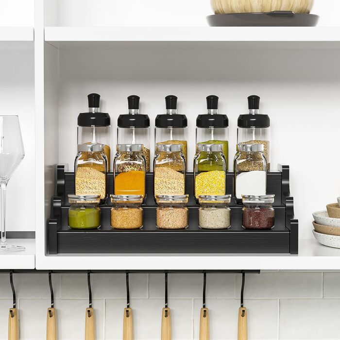 Рівнева висувна підставка для спецій, органайзер для спецій на місці, органайзер для банок для спецій, підставка для спецій для кухні, шафи (чорна), 3-