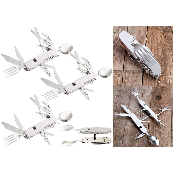 Ніж для кемпінгу Semptec Urban Survival Technology набір із 3 предметів, що складається з 14 складних столових приборів та кишенькових ножів з нержавіючої сталі (столові прибори для виживання, мультистоловий набір)