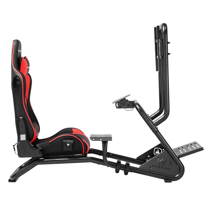 Підставка для керма гоночного симулятора з 3D стереодинаміками, кріпленням для монітора, регульованим кріпленням керма, кріпленням для важеля перемикання передач та педалями (червона)