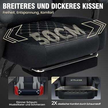 Ігрове крісло GTPLAYER, тканина, ергономічне офісне крісло, крісло для ПК, вантажопідйомність 150 кг, регульоване та поворотне робоче крісло з пружинною подушкою сидіння та підставкою для ніг, чорне