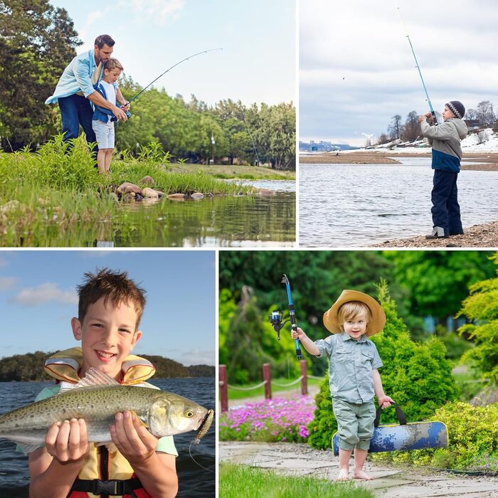 Рибальський набір для дітей, телескопічна вудка та котушка 180 см, дитячий стартовий набір для риболовлі, набір вудок для дітей з рибальською котушкою, набір приманки та сумки для перенесення, рибальські аксесуари для дітей, синій