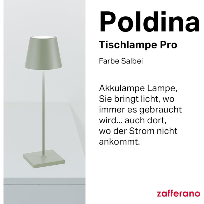 Лампа Zafferano Poldina Pro, бездротова, акумуляторна настільна лампа з сенсорним керуванням, підходить для використання на вулиці, димер, 2200-3000 K, висота 38 см, колір шавлії, лампа шавлії із зарядним пристроєм
