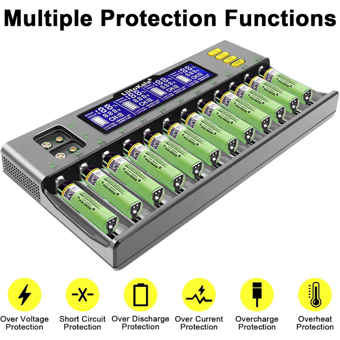 Слотовий РК-дисплей швидкий зарядний пристрій, інтелектуальний універсальний зарядний пристрій для літій-іонних (IMR/ICR) LiFePO4 Ni-MH/Cd 18650 21700 26650 18350 14500 RCR123 9V батарей AA AAA C, 12 18650 12-