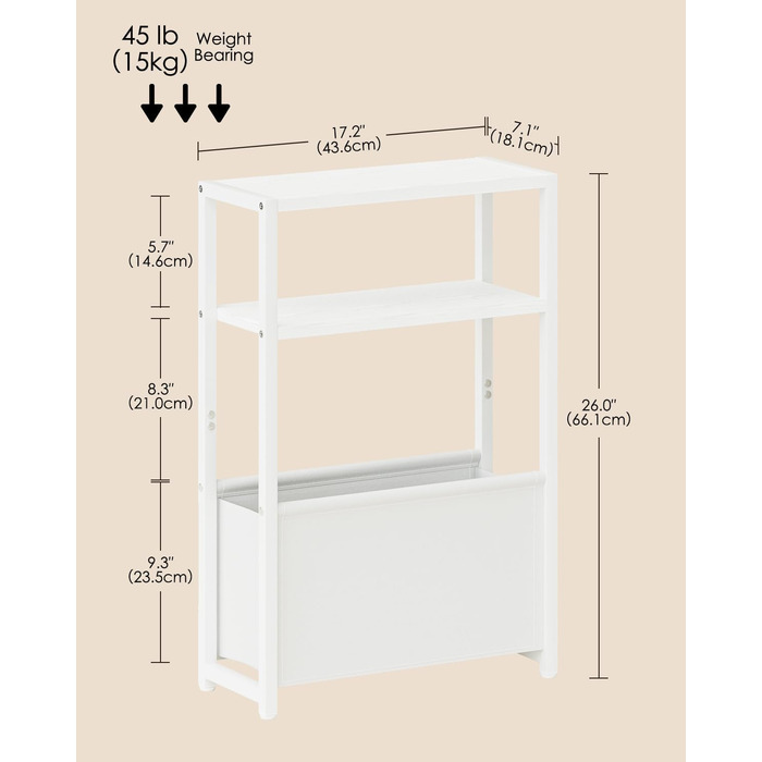 Журнальний столик з місцем для зберігання речей, 3-ярусний вузький журнальний столик з сумкою, вузька тумбочка, маленький журнальний столик для невеликих приміщень, спальня, вітальня, офіс (білий)