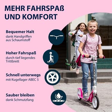 Самокат HUDORA BigWheel 205 стабільний алюмінієвий міський самокат, складаний, з регулюванням висоти та підніжкою, для дітей та дорослих (до 100 кг), білий/рожевий